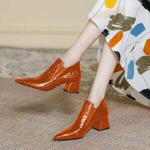 YDN Orange Croc-Embossed Pointed Toe Ankle Booties